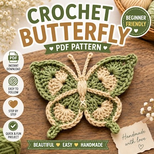 May include: A crocheted butterfly in shades of green and beige, with the text "CROCHET BUTTERFLY PDF PATTERN." The design is labeled "Beginner Friendly," "Easy to Follow," and "Quick & Fun Project." The image also includes the text "Handmade with love."