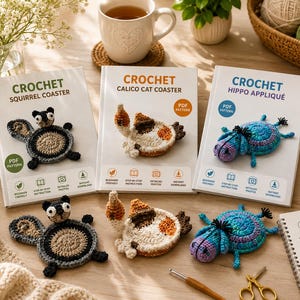 May include: Three crochet pattern books with matching coasters. The books read "Crochet Squirrel Coaster", "Calico Cat Coaster", and "Hippo Appliqué". The coasters are handmade in the shape of a squirrel, cat, and hippo. A cup of tea and crochet supplies are in the background.