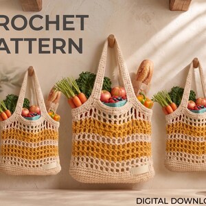 May include: Three crochet market bags in varying sizes, featuring a cream and mustard yellow striped open-mesh design with solid cream bases. The bags are filled with fresh produce like carrots, greens, and berries. Text reads CROCHET PATTERN and DIGITAL DOWNLOAD.