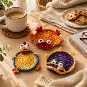 Könnte beinhalten: Ein Stillleben zeigt eine Kaffeetasse, Kekse und drei handgefertigte Häkeluntersetzer. Die Untersetzer sind in Form eines Huhns, eines Fisches und eines Frosches. Die Farben sind Gelb, Orange, Blau, Lila und Rot.