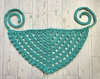 Handmade Crochet Cotton Hair Bandana Scarf, Hip Scarf, Boho Hippie Crochet Accessory, Color Teal, One size fits most adults