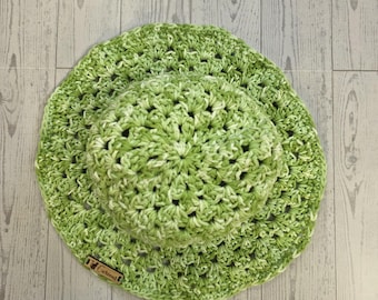 Handmade Crochet Cotton Summer Bucket Hat, Spring Break Beach Vibe Outfit Accessory, Size Adult, Color Vintage Green Stonewash