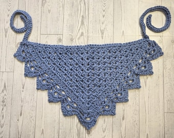 Handmade Crochet Cotton Hair Bandana Scarf, Hip Scarf, Yolk Piece, Boho Hippie Crochet Accessory, Color Dusty Blue, One size fits most