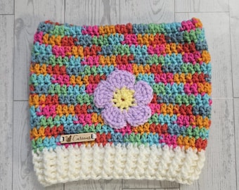 Handmade Crochet Flower Cat Ear Beanie Hat, Hippie Festival Costume, Size Adult, Color Papaya and Lavender