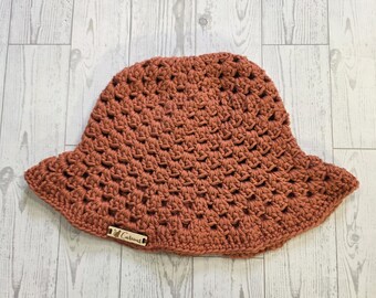 Handmade Crochet Cotton Summer Bucket Hat, Spring Break Beach Vibe Outfit Accessory, Size Adult, Color Bruschetta