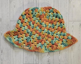 Handmade Crochet Cotton Summer Bucket Hat, Spring Break Beach Vibe Outfit Accessory, Size Adult, Color Desert Gold