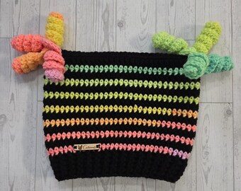 Handmade Crochet Cat Ear Beanie Hat, Size Adult, Color Black with Neon Stripes