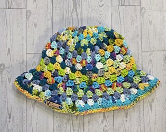 Handmade Crochet Cotton Summer Scrappy Bucket Hat, Spring Break Beach Vibes Outfit Accessory, Size Adult, Color Scrappy Blues
