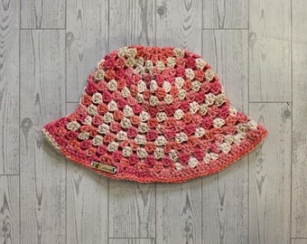 Handmade Crochet Cotton Summer Bucket Hat, Spring Break Beach Vibe Outfit Accessory, Size Adult, Color Energetic Pink