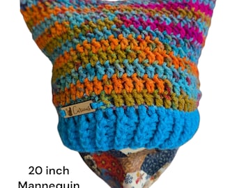 Handmade Crochet Cat Ear Beanie Hat, Hippie Festival Costume, Size Adult, Color Kaleidoscope and Blue