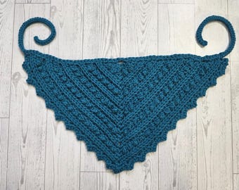 Handmade Crochet Cotton Hair Bandana Scarf, Hip Scarf, Boho Crochet Accessory, Color Teal, One size fits most adults