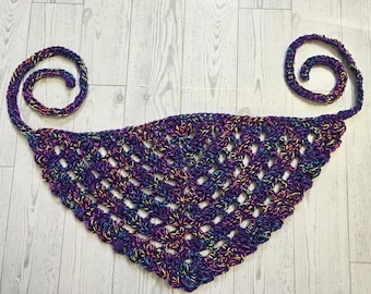 Handmade Crochet Cotton Hair Bandana Scarf, Hip Scarf Jean Side Piece, Color Purple Neon Rainbow, One size fits most adults