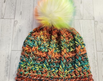 Handmade Crochet Winter Hat with Poof, Warm Winter Hat, Skiing and Sledding Accessories, Size Adult, Color Tuscany with Neon Large Poof