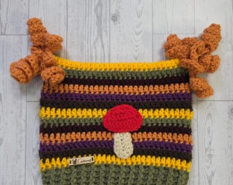 Handmade Crochet Cat Ear Beanie Hat, Hippie Festival Costume, Size Adult, Color Vintage Olive Mushroom