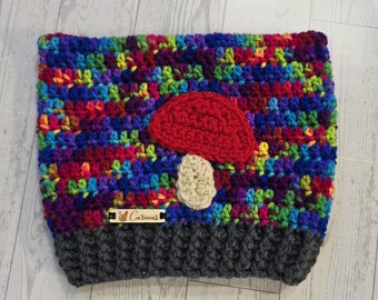 Handmade Crochet Mushroom Cat Ear Beanie Hat, Hippie Festival Costume, Size Adult, Color Neon Rainbow and Slate