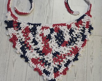 Handmade Crochet Cotton Hair Bandana Scarf, Hip Scarf, Boho Hippie Crochet Accessory, Color Red White and Blue, One size fits most adults