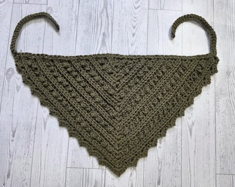 Handmade Crochet Cotton Hair Bandana Scarf, Hip Scarf, Boho Crochet Accessory, Color Olive Green, One size fits most adults