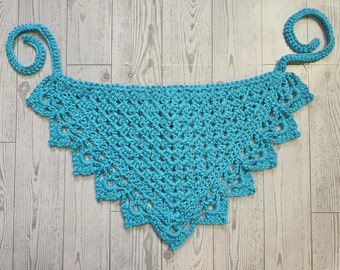Handmade Crochet Cotton Hair Bandana Scarf, Hip Scarf, Boho Hippie Crochet Accessory, Color Blue, One size fits most adults