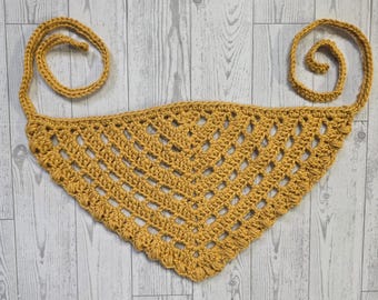 Handmade Crochet Cotton Hair Bandana Scarf, Hip Scarf, Boho Hippie Crochet Accessory, Color Gold, One size fits most adults