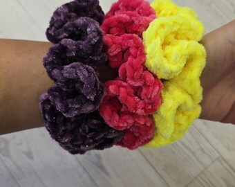 Handmade Crochet Hair Scrunchie, Large Velvety Ponytail Holder For Cheer, Beach and more! Scrunchie Bracelet Fashion Accessory