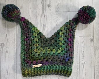 Handmade Crochet Jester Hat, Winter Novelty Cos play Hat, Skiing Accessories, Renaissance Fair Costume Hat, Size Adult, Mardi Gras Colors