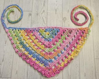 Handmade Crochet Cotton Hair Bandana Scarf, Hip Scarf Jean Side Piece, Color Rainbow Brights, One size fits most adults