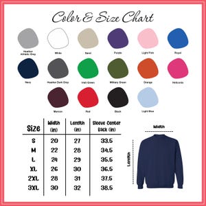 Puede incluir: Tabla de colores y tallas para una sudadera, con una sudadera azul marino y una paleta de colores con opciones como gris atl&eacute;tico jaspeado, blanco y rojo. La tabla incluye medidas en pulgadas para el ancho, el largo y el centro de la manga trasera.