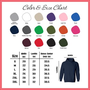Puede incluir: Una tabla de colores y tallas para una sudadera con capucha azul marino. La tabla muestra varios colores y tallas, con medidas en pulgadas. El ancho de la sudadera con capucha var&iacute;a de 50,8 a 76,2 cm, y la longitud de 68,6 a 81,3 cm.