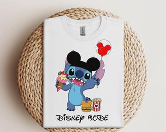 Stitch con globo de Mickey, Disney Mode DTF, Disney Lilo y Stitch, Vacaciones DTF, Trajes para viajar a Disneyland, Disney Mode Vacation DTF