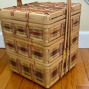 Vintage Japanese Style 3-Tier Bamboo Picnic Basket | Stacking Woven Basket with Handle | Mid Century | Cottagecore Decor