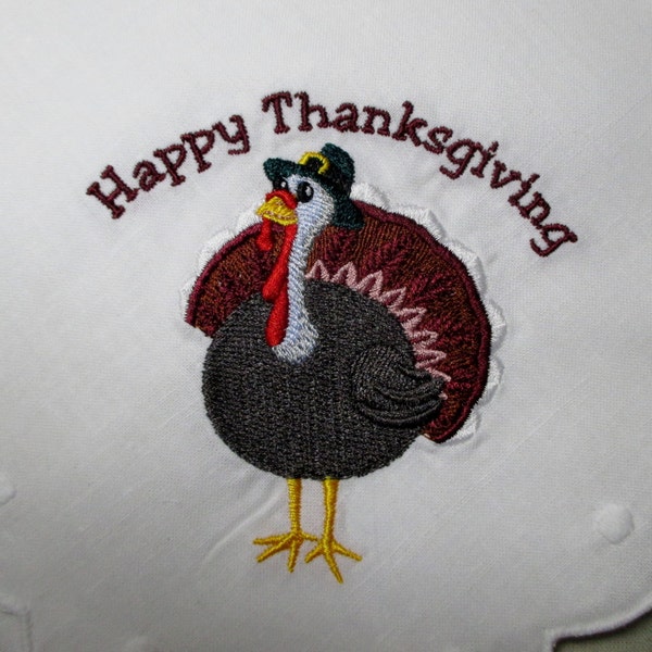 Embroidered Linen Bread Basket Liner, Bread Basket Liner, Turkey and "Happy Thanksgiving"