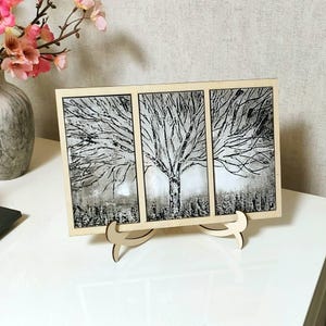 Wooden triptych frame with engraved tiles, Customizable wall decoration, Original custom gift, Wood and ceramic wall art