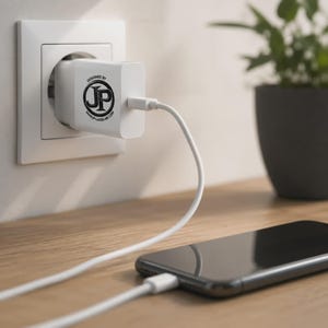 Può includere: Un caricabatterie da muro bianco inserito in una presa elettrica, collegato a uno smartphone tramite un cavo di ricarica bianco. Il caricabatterie presenta un logo nero circolare con il testo "DESIGNED BY JP" e "WWW.JP-LASER-ART.COM".