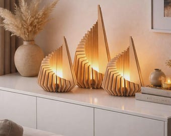 Wooden origami design candle holder, modern decorative lamp, ambient lighting, living room decor, 3 sizes: 16, 23, 30 cm, original gift