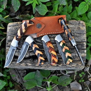 May include: A selection of folding knives with wooden handles in diverse patterns and colours, including brown, black, and green. The silver blades and the knives are displayed with a brown leather sheath on a wooden surface.