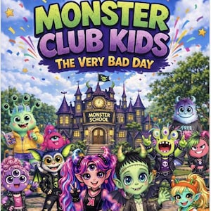 Puede incluir: La portada del libro "Monster Club Kids: The Very Bad Day" presenta un grupo de monstruos de dibujos animados frente a una escuela. El título está en verde y morado, con el nombre del autor en la parte inferior. Los monstruos son diversos en apariencia.
