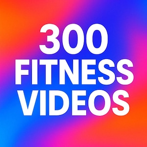 Puede incluir: Un fondo degradado vibrante en tonos de rosa, azul y naranja con el texto "300 FITNESS VIDEOS" en blanco.