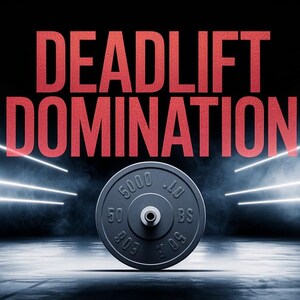 Può includere: Un piatto di peso nero con il testo "5000 LB" e "50" su di esso. Il testo "DEADLIFT DOMINATION" è in lettere rosse sopra il piatto di peso.