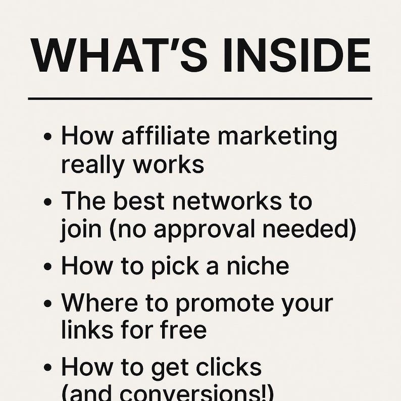 Puede incluir: Una lista de temas sobre marketing de afiliaci&oacute;n, que incluye c&oacute;mo funciona, las mejores redes a las que unirse, c&oacute;mo elegir un nicho, d&oacute;nde promocionar enlaces de forma gratuita y c&oacute;mo obtener clics y conversiones.