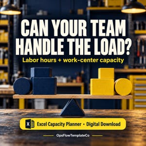 Op de afbeelding: Een digitale download voor een Excel-capaciteitsplanner met de tekst CAN YOUR TEAM HANDLE THE LOAD? Labor hours + work-center capacity. Een houten balansweegschaal draagt donkerblauwe en gele geometrische vormen.