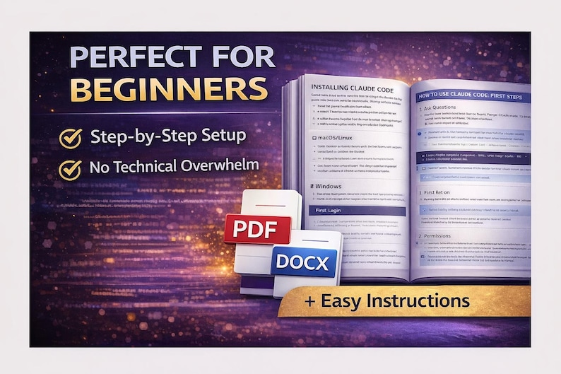 May include: An open book with the title "Installing Claude Code" and the text "How to use Claude Code: First Steps". The image also includes the text "Perfect for Beginners", "Step-by-Step Setup", "No Technical Overwhelm", and file type icons for PDF and DOCX.