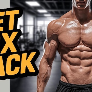 Könnte beinhalten: Ein muskulöser Mann mit Sixpack in einem Fitnessstudio. Der Text "GET SIX PACK" ist über das Bild gelegt.