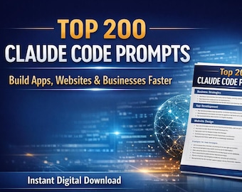 Claude Code Prompts PDF, 200 Beginner Prompts for Apps, Websites (Digital Download)