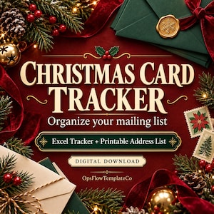 May include: A digital Christmas Card Tracker template featuring the text "CHRISTMAS CARD TRACKER Organize your mailing list Excel Tracker + Printable Address List DIGITAL DOWNLOAD OpsFlowTemplateCo" on a dark red background with pine.