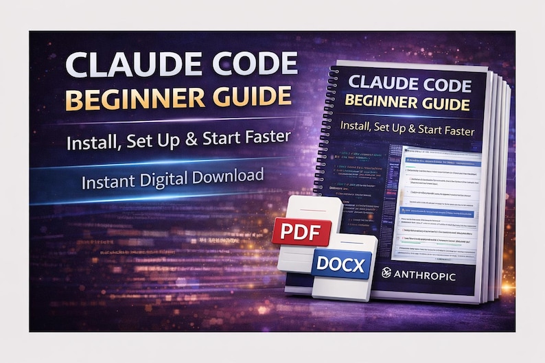 May include: A digital guide titled "CLAUDE CODE BEGINNER GUIDE" with the text "Install, Set Up & Start Faster" and "Instant Digital Download." The guide is spiral-bound and includes PDF and DOCX file formats. The Anthropic logo is visible.