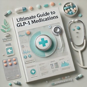 May include: A white book with the title "Ultimate Guide to GLP-1 Medications" on the cover. The book is surrounded by medical supplies, including a stethoscope, pills, and a thermometer.