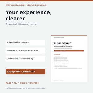 Peut inclure: Un cours d'apprentissage numérique intitulé Opsflow Learning : Your experience, clearer. Il comprend 7 leçons d'application, des exemples de CV et d'entretiens, un audit de réclamation et un PDF de 13 pages avec du texte d'entraînement.