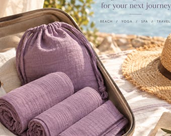 Ensemble de serviettes de voyage en mousseline lilas | Serviettes de plage, de yoga et de spa en coton à séchage rapide (3 pièces)