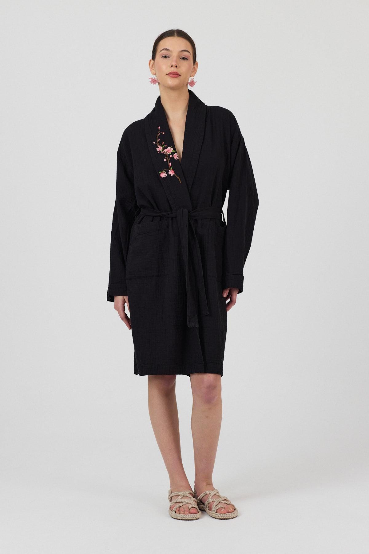 Black Muslin Kimono Robe With Cherry Blossom Embroidery – Cozy Spa ...