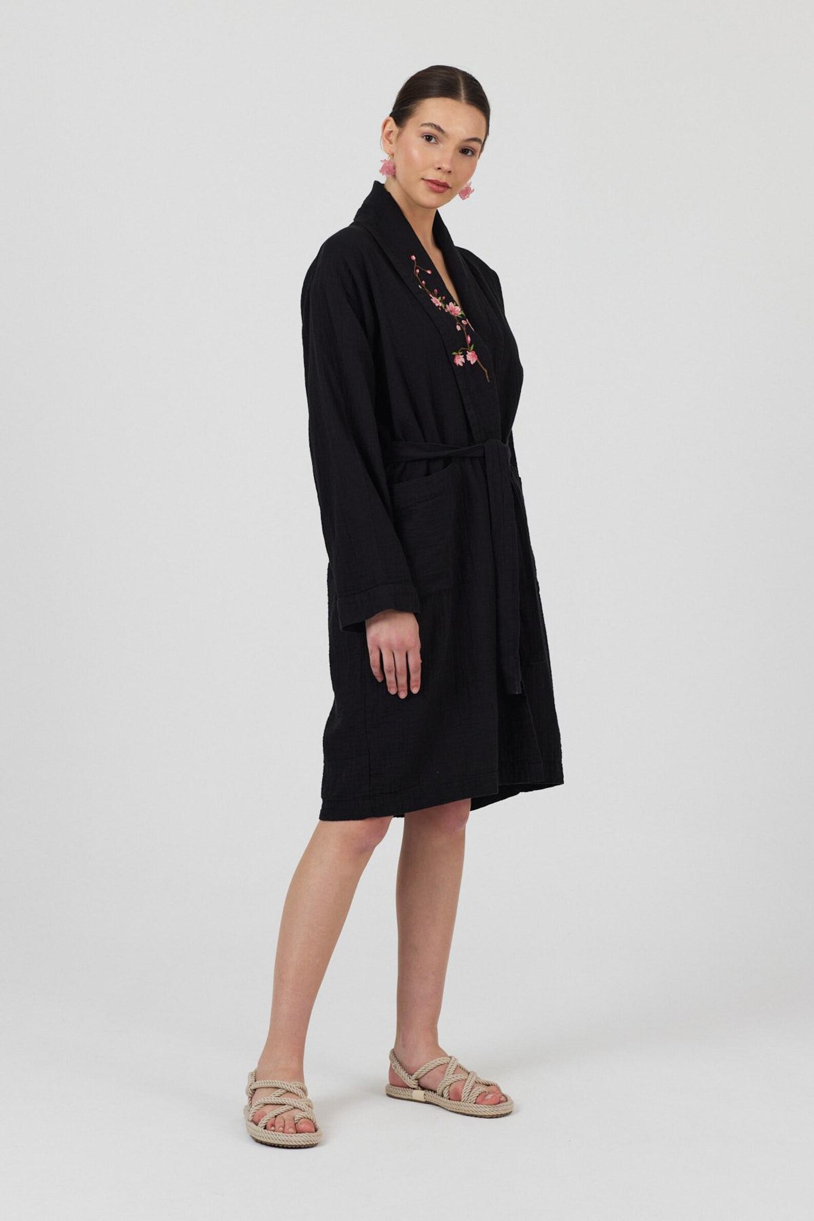 Black Muslin Kimono Robe With Cherry Blossom Embroidery – Cozy Spa ...